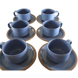 Midwinter Bluestone Tea Coffee Cups & Saucers Set Of 12 Blue Tan Stoneware